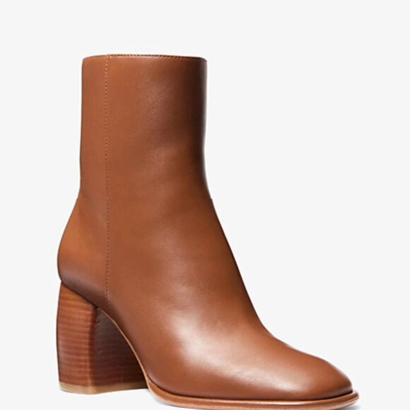 Michael Kors Maude Block Heel Booties Luggage 5.5M Genuine Leather MSRP $195 - Picture 1 of 5